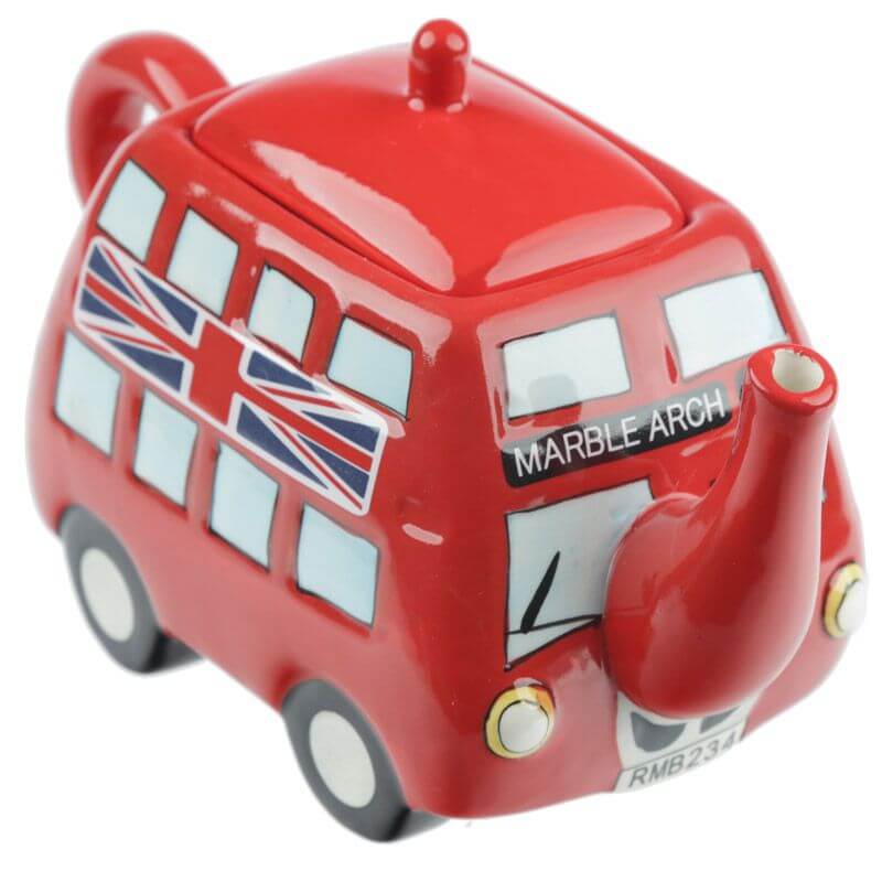 Théière de 80 centilitres en céramique de couleur rouge avec le drapeau du Royaume Uni sur le côté et représentant un bus londonien