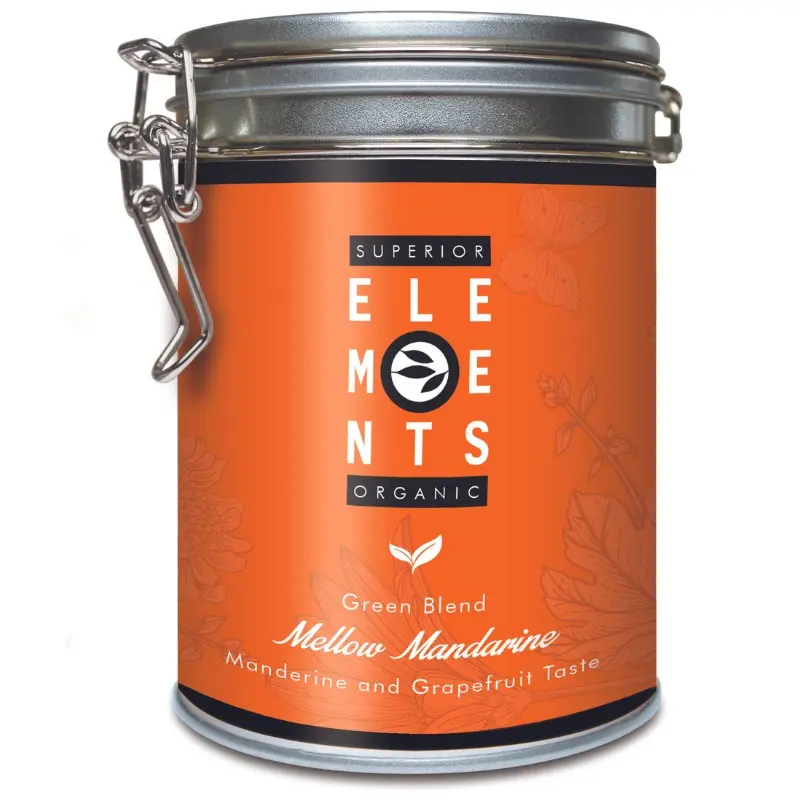 Grande boite de 100 grammes de thé vert Sencha et China Jasmin Dragon Pearls en vrac aux saveurs de pamplemousse et mandarine. Cette boite est orangée avec un couvercle se fermant par loquet. Ce thé s’appelle Mellow Mandarine de la gamme Elements Organic de la marque Alveus.
