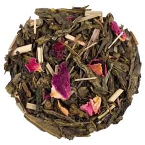 Feuilles de thé vert, citronnelle, bambou et pétales de roses à la saveur de litchi