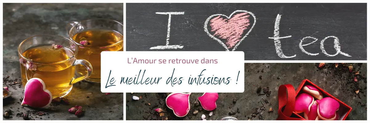 Diaporama de trois photos représentant des tasses de thé et des biscuits en forme de cœur pour représenter l'amour